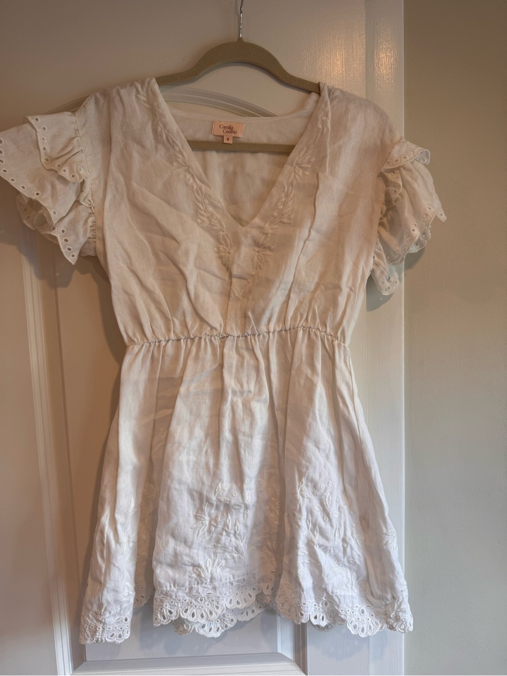 Camila Coehlo Linen White Embroidered Dress Size S NWOT
